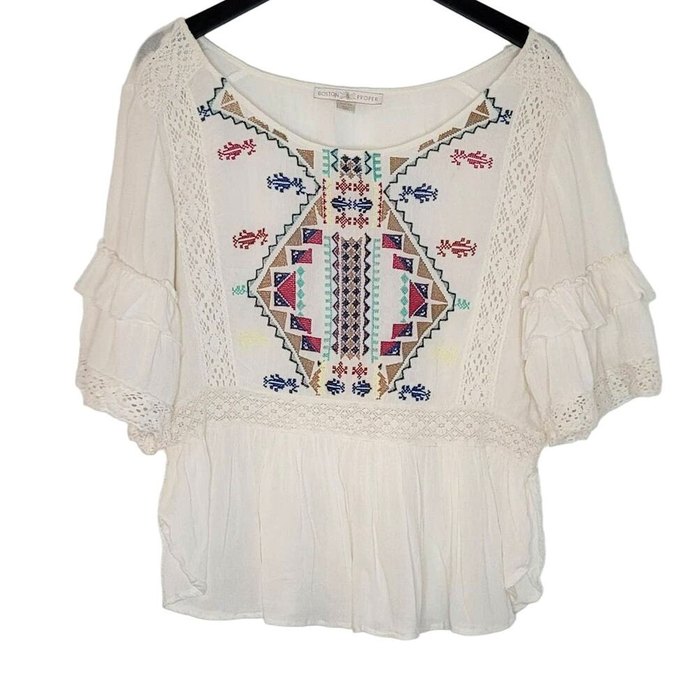 Boston Proper‎ Top XS Cream Embroidered Ruffle Sleeve Peasant Boho Cottage